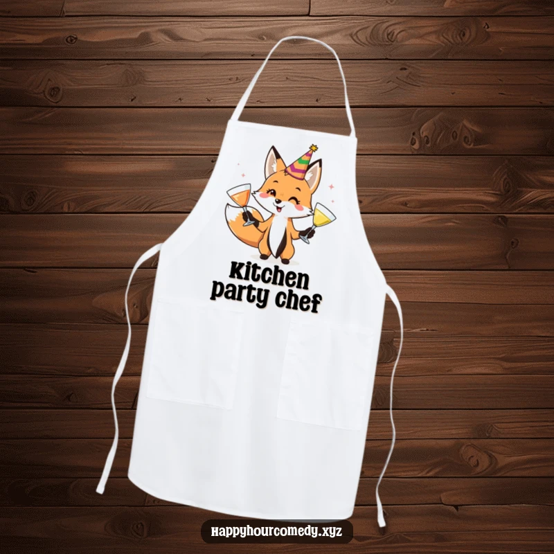 Funny Fox Juggler Apron shows a playful fox in a party hat, juggling cocktail glasses, adding festive cheer to kitchen duties.