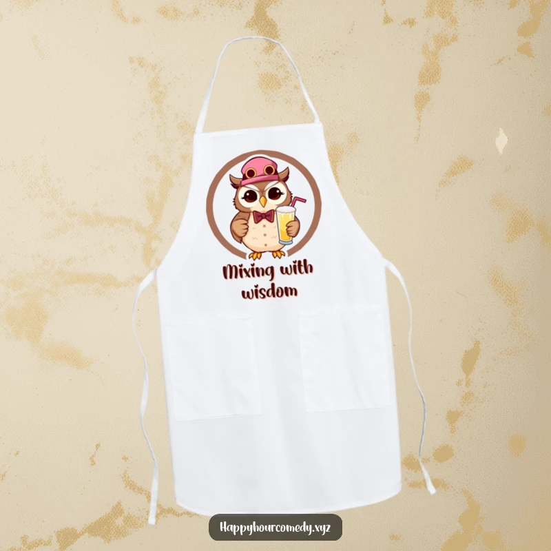 Funny Owl Bartender Apron shows a happy, winking owl in bartender attire, holding a frothy drink, adding humor to kitchen duties.