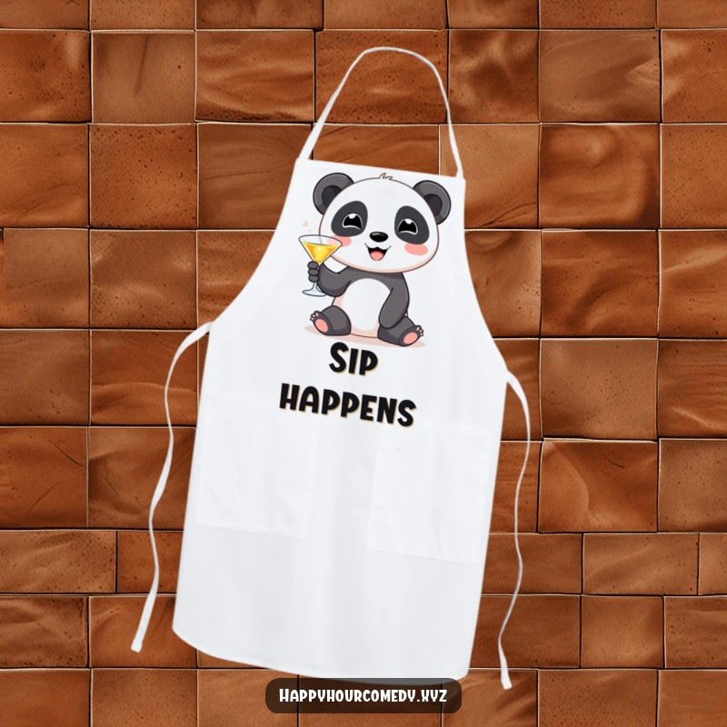 Funny Panda Martini Apron: Cute panda character smiling with a tiny martini glass, useful funny gift.