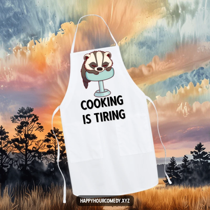 Funny Sleepy Badger Apron shows a sleepy badger attempting to get comfortable on a plush bar stool, bringing relaxed vibes to the kitchen.