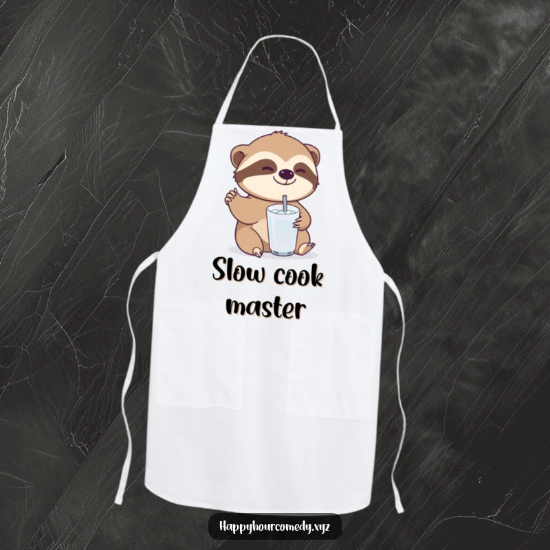 Funny Sloth Drink Apron: Joyful sloth character slowly reaching for a small, bubbly drink, practical funny gift.