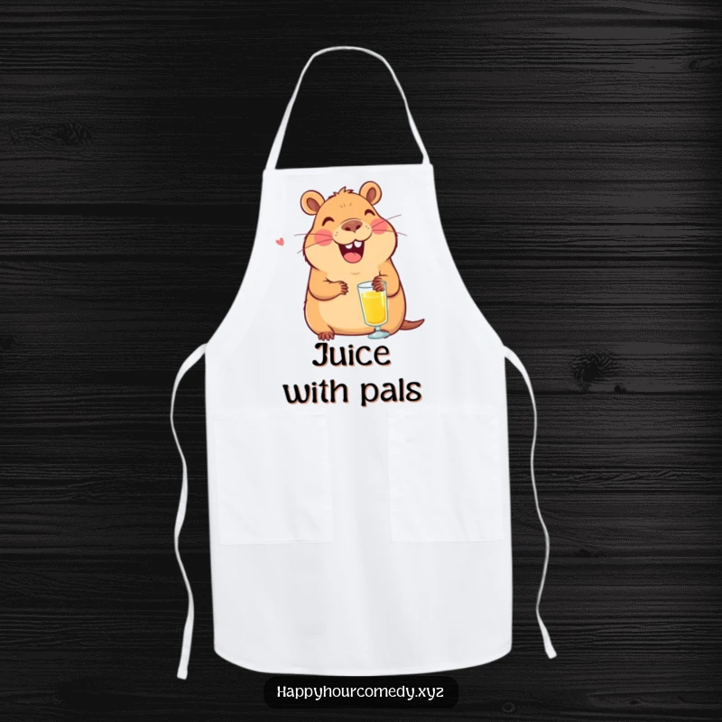 Funny Capybara Juice Apron: Smiling capybara character laughing with a tiny glass of juice, practical funny gift.