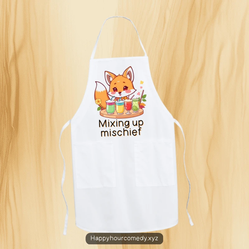 Funny Fox Drink Apron: Curious fox character peeking excitedly at a tray of colorful drinks, practical funny gift.
