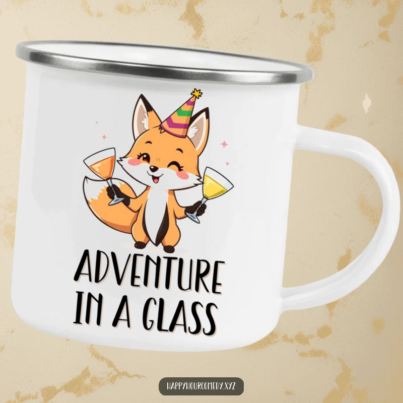 Funny Fox Juggler Camping Mug depicts a playful fox in a party hat, juggling cocktail glasses, ready for outdoor fun and laughter.