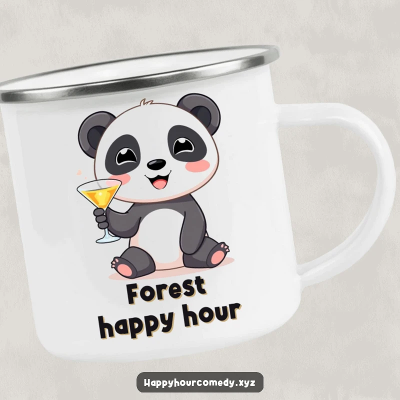 Funny Panda Martini Camping Mug: Cute panda character smiling with a tiny martini glass, rugged funny gift.