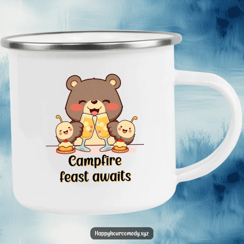 Funny Bear Appetizer Camping Mug depicts a joyous bear clinking glasses with tiny, smiling appetizers, ready for outdoor feasts and cheers.