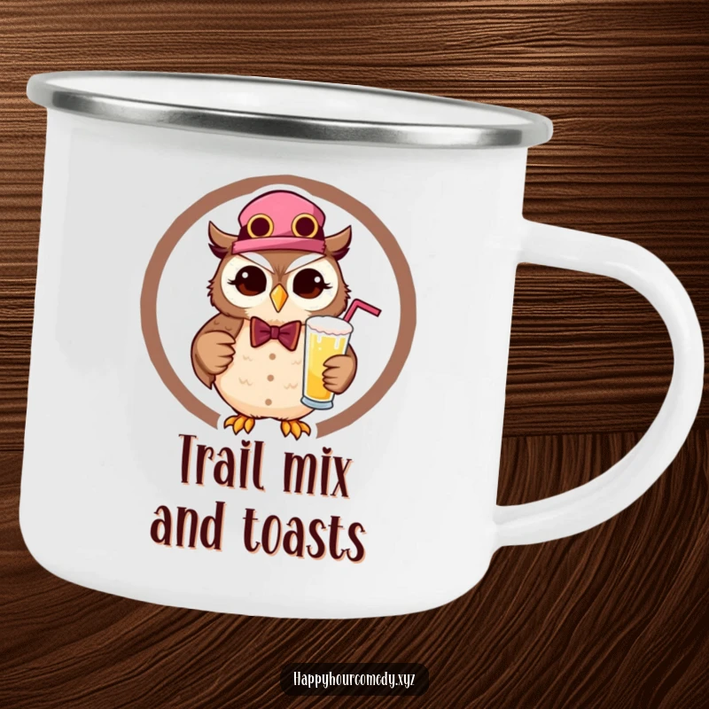 Funny Owl Bartender Camping Mug depicts a happy, winking owl in bartender attire, holding a drink, ready for campfire stories and laughs.