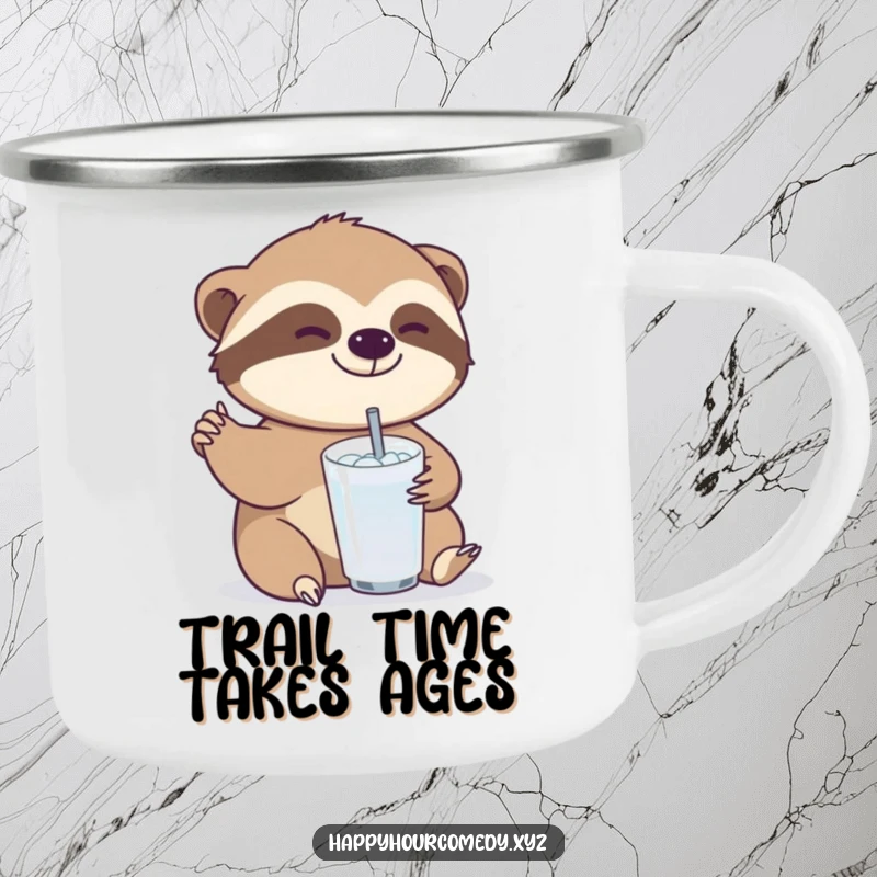 Funny Sloth Drink Camping Mug: Joyful sloth character slowly reaching for a small, bubbly drink, durable funny gift.