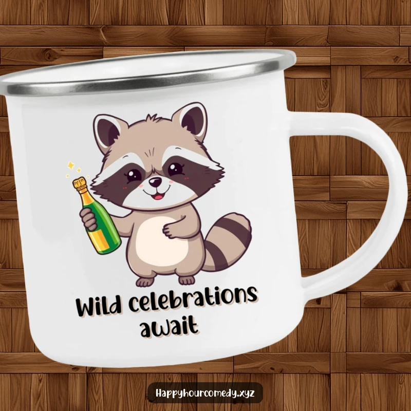 Funny Raccoon Champagne Camping Mug depicts a cheerful raccoon holding a tiny, sparkling champagne bottle, ready for outdoor celebrations and cheers.