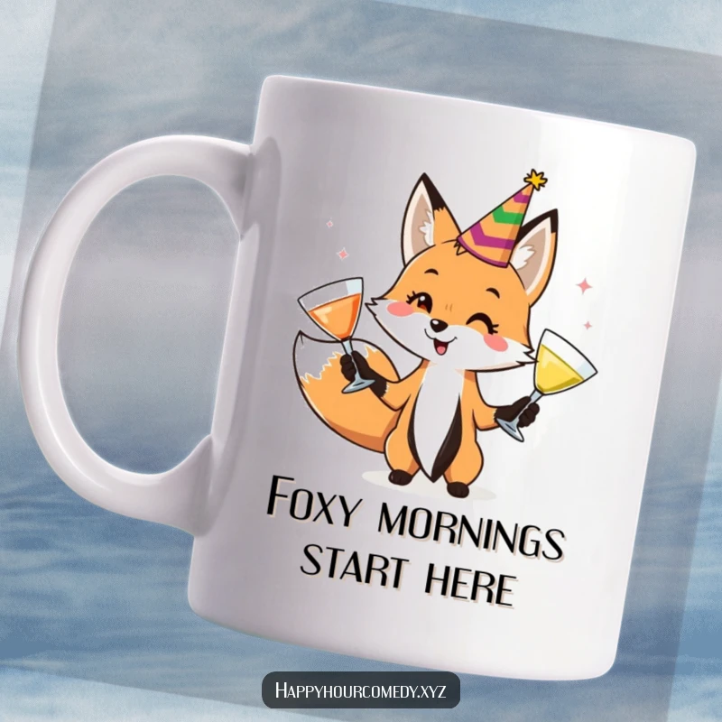 Funny Fox Juggler Mug shows a playful fox in a party hat, expertly juggling three colorful cocktail glasses, bringing festive cheer.