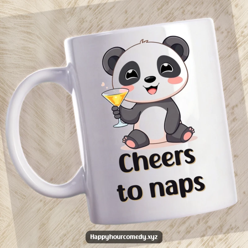 Funny Panda Martini Mug: Cute panda character smiling, raising a tiny martini glass, perfect for a funny gift.