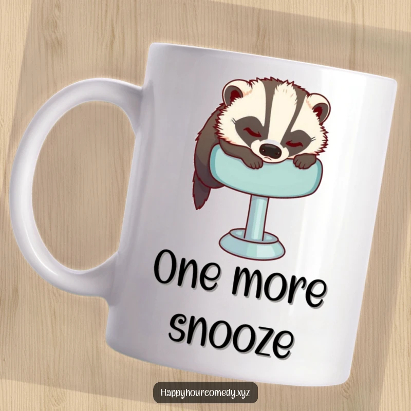 Funny Sleepy Badger Mug depicts a tired badger struggling to get comfortable on a plush bar stool, embodying the desire for rest.