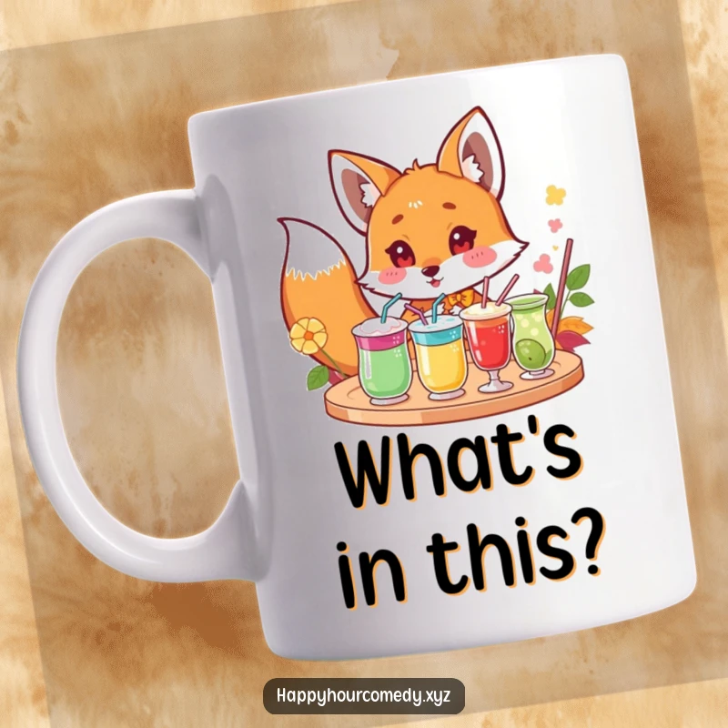 Funny Fox Drink Mug: Curious fox character peeking excitedly at a tray of colorful drinks, perfect funny gift.