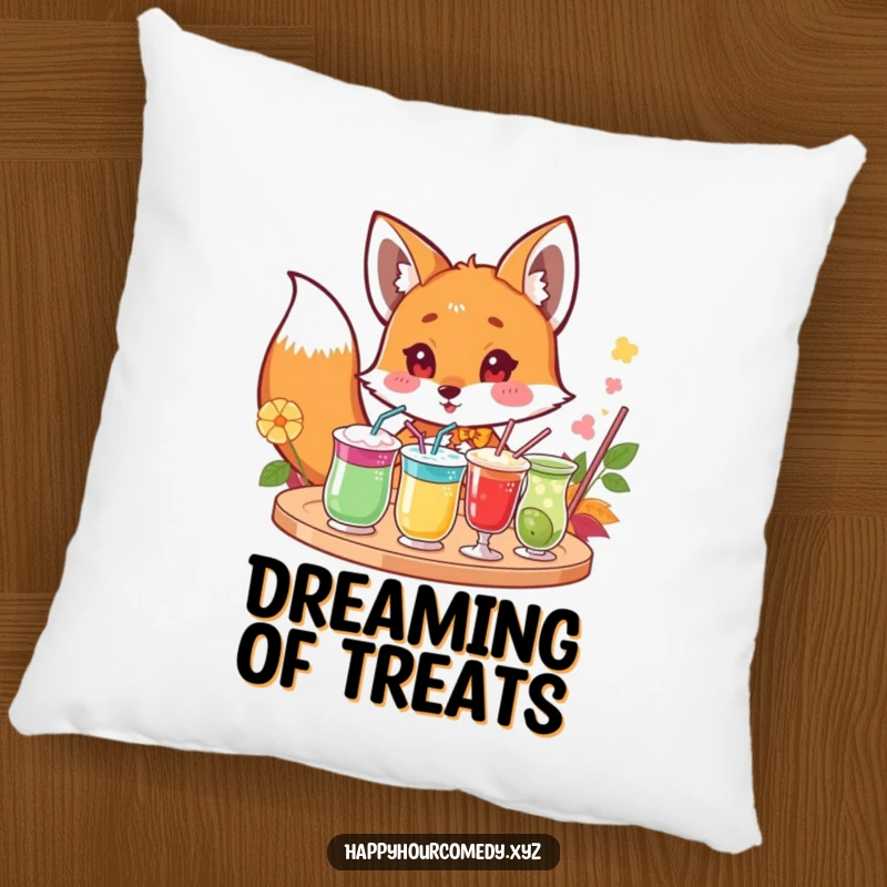 Funny Fox Drink Pillow: Curious fox character peeking excitedly at a tray of colorful drinks, soft funny gift.