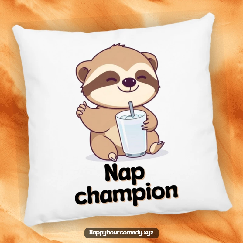 Funny Sloth Drink Pillow: Joyful sloth character slowly reaching for a small, bubbly drink, soft funny gift.