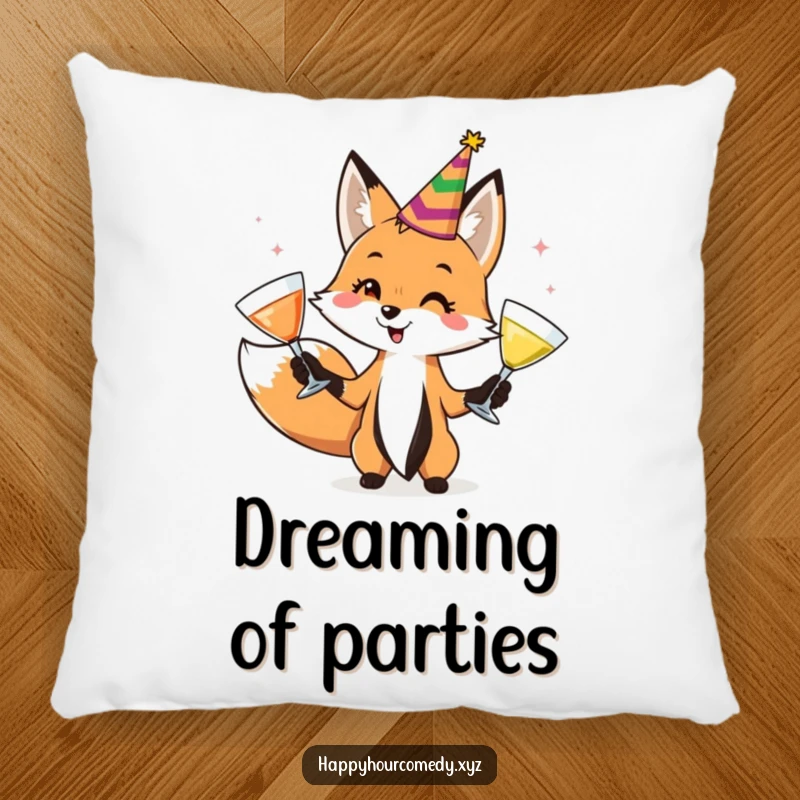 Funny Fox Juggler Pillow features a playful fox in a party hat, juggling cocktail glasses, offering comfort and a touch of party spirit.