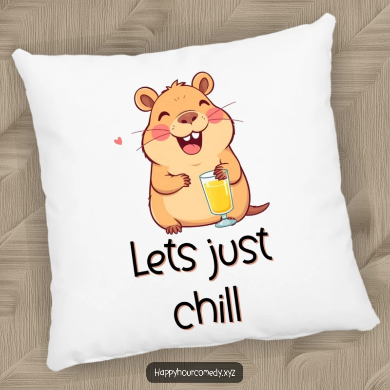 Funny Capybara Juice Pillow: Smiling capybara character laughing with a tiny glass of juice, soft funny gift.