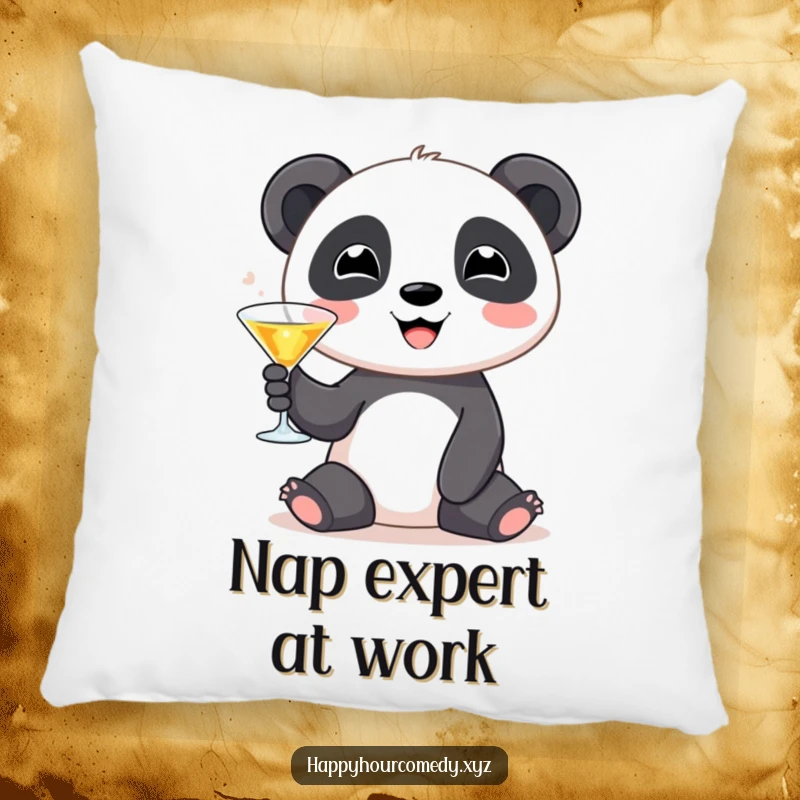 Funny Panda Martini Pillow: Cute smiling panda character with a tiny martini glass, plush funny gift.
