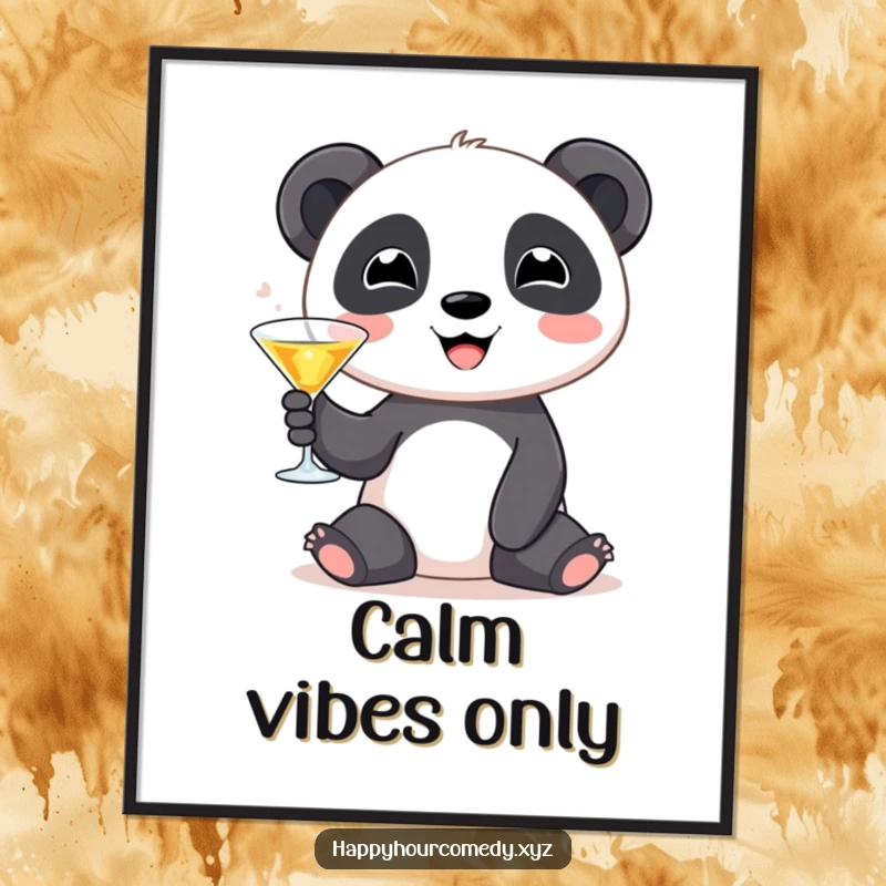 Funny Panda Martini Digital Art Print: Cute panda character smiling with a tiny martini glass, instant funny gift.