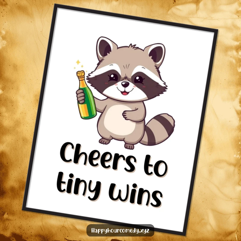 Funny Raccoon Champagne Digital Art Print features a cheerful raccoon holding a tiny, sparkling champagne bottle, ready to bring instant celebratory vibes.