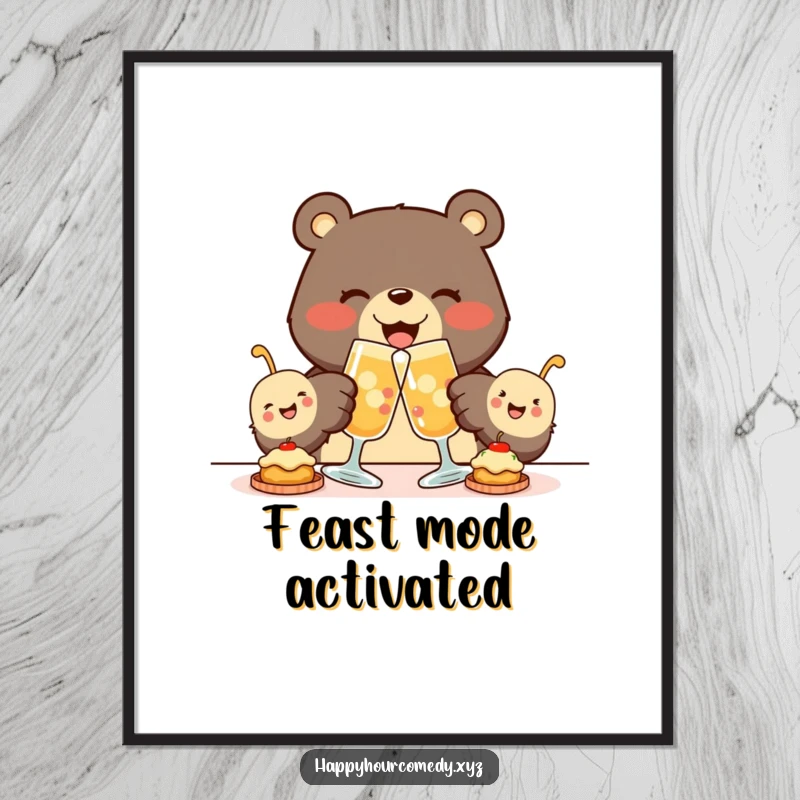 Funny Bear Appetizer Digital Art Print features a joyous bear clinking glasses with tiny, smiling appetizers, ready to bring instant heartwarming cheer.