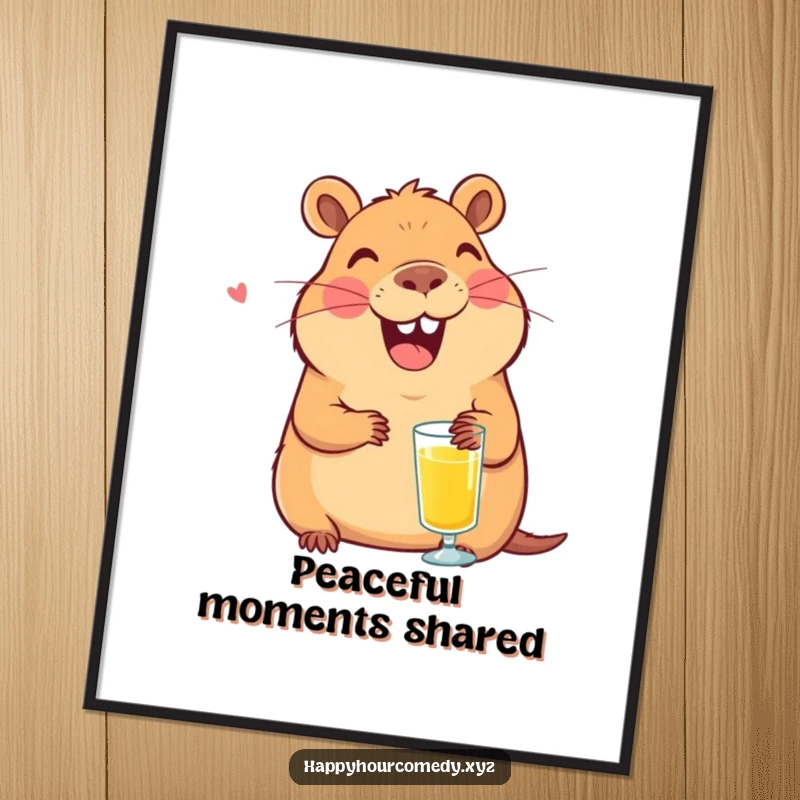 Funny Capybara Juice Digital Art Print: Smiling capybara character laughing with a tiny glass of juice, instant funny gift.