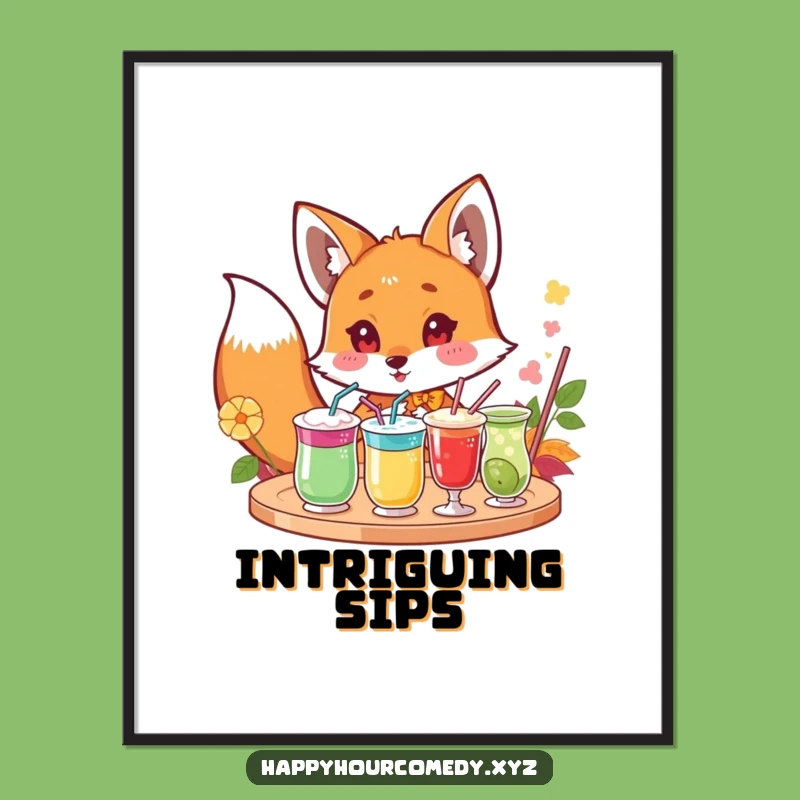 Funny Fox Drink Digital Art: Curious Fox Artwork, Instant Funny Gift Download