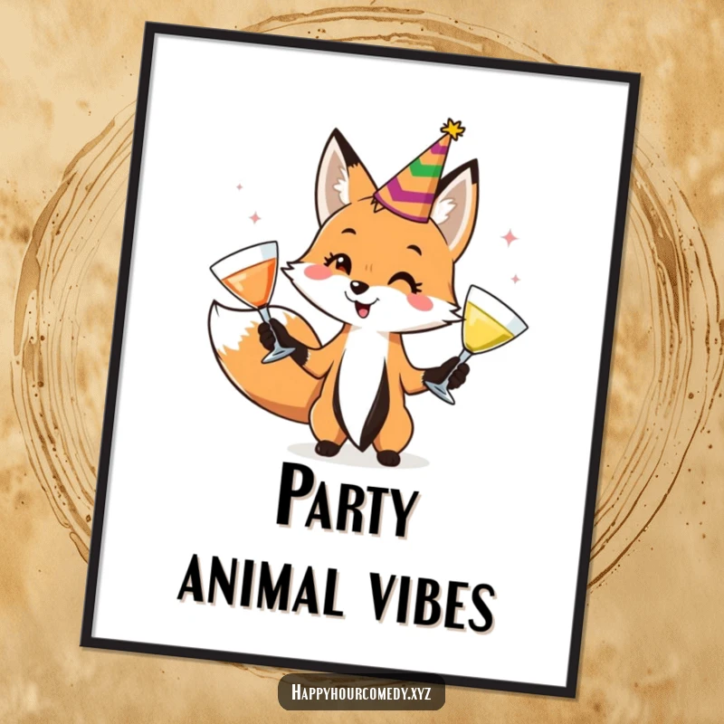 Funny Fox Juggler Digital Art Print features a playful fox in a party hat, juggling cocktail glasses, ready to bring instant cheer.