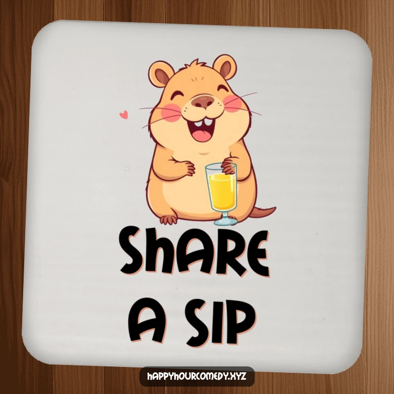 Funny Capybara Juice Coaster Set: Smiling capybara character laughing with a tiny glass of juice, stylish funny gift.