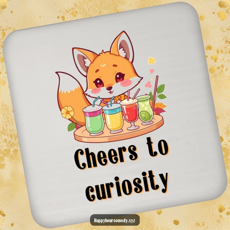Funny Fox Drink Coaster Set: Curious fox character peeking excitedly at a tray of colorful drinks, stylish funny gift.