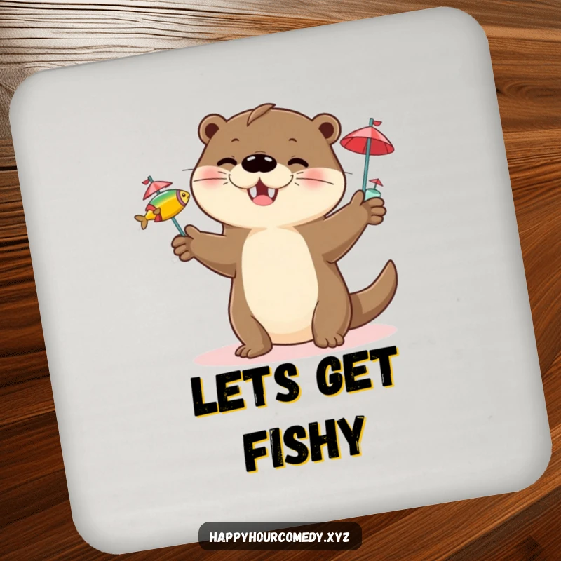 Funny Otter Juggling Coaster Set: Happy otter character juggling three small fish with tiny cocktail umbrellas, stylish funny gift.