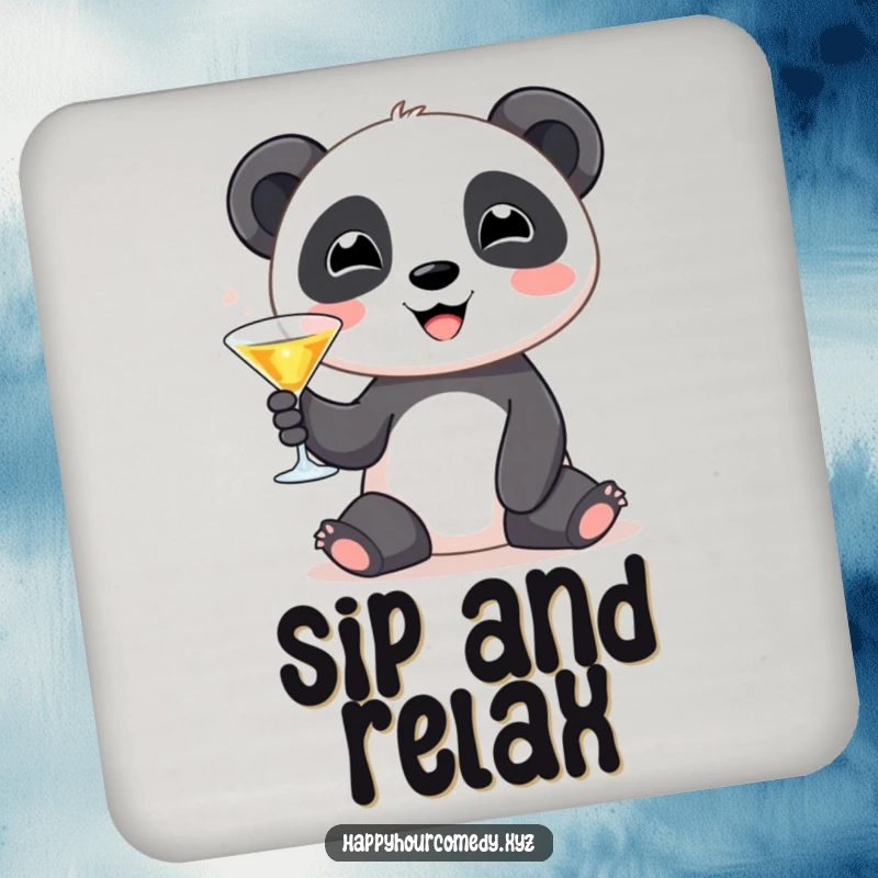 Funny Panda Martini Coaster Set: Cute panda character smiling with a tiny martini glass, protecting surfaces funny gift.