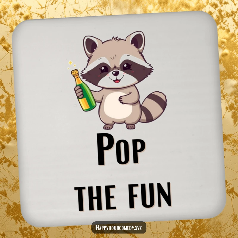 Funny Raccoon Champagne Drink Coaster shows a cheerful raccoon holding a tiny, sparkling champagne bottle, preventing spills with celebratory flair.
