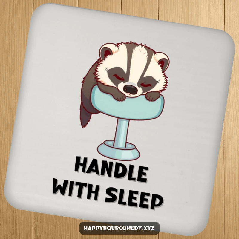 Funny Sleepy Badger Drink Coaster shows a sleepy badger attempting to get comfortable on a plush bar stool, preventing spills with cozy charm.