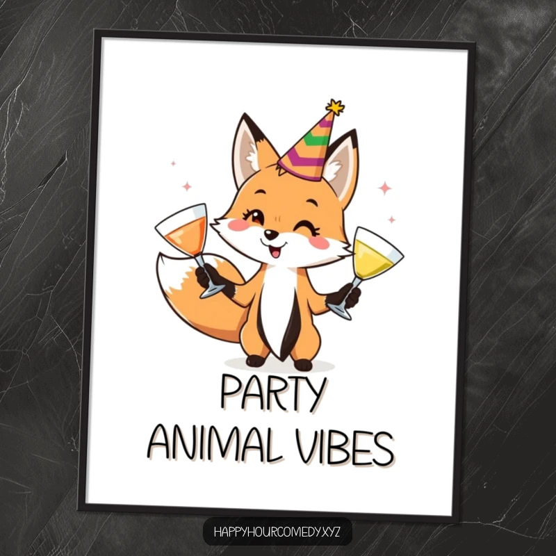 Funny Fox Juggler Poster displays a playful fox wearing a party hat, skillfully juggling three cocktail glasses, adding a festive touch.