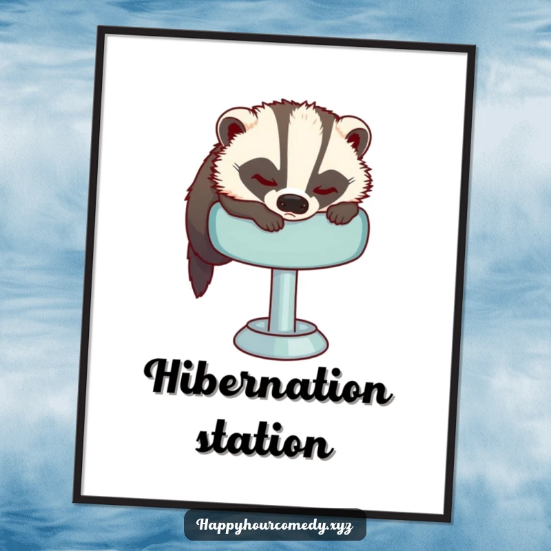 Funny Sleepy Badger Poster displays a sleepy badger attempting to get comfortable on a plush bar stool, evoking a sense of calm and humor.
