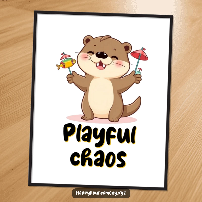 Funny Otter Juggling Poster: Happy otter character juggling three small fish with tiny cocktail umbrellas, vibrant funny gift.