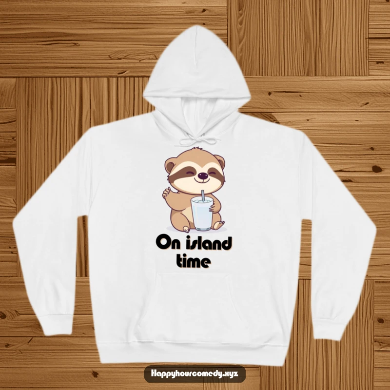 Funny Sloth Drink Hoodie: Joyful sloth character slowly reaching for a small, bubbly drink, snuggly funny gift.