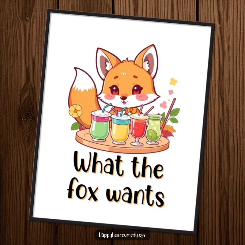 Funny Free Printable Fox Wall Art: Excited fox peeking at drinks, adding a touch of playful curiosity.