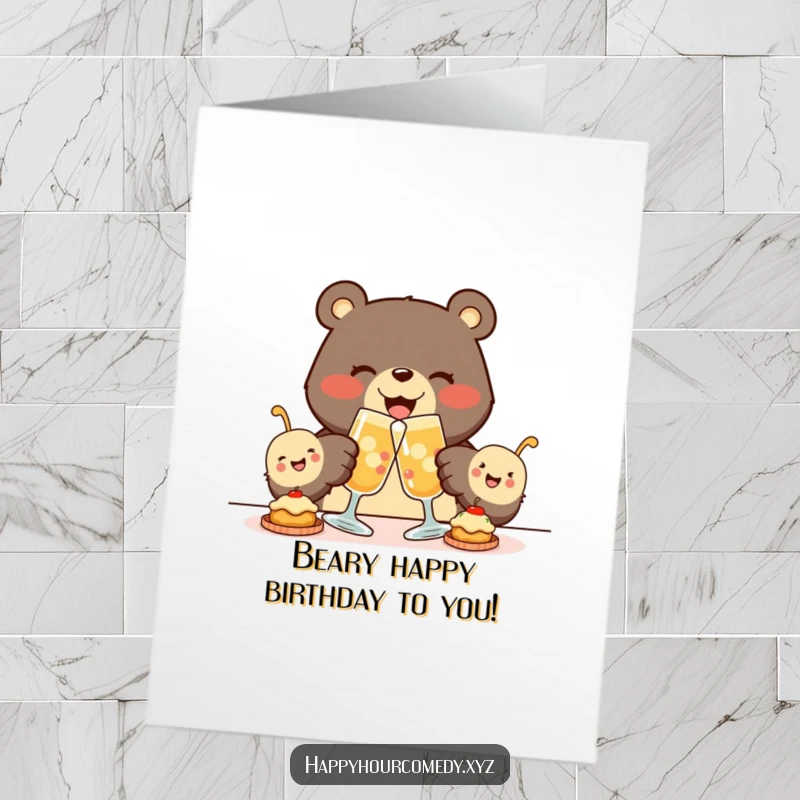 Funny Free Printable Birthday Card: A joyous bear clinks glasses with tiny smiling appetizers, celebrating a delicious birthday.