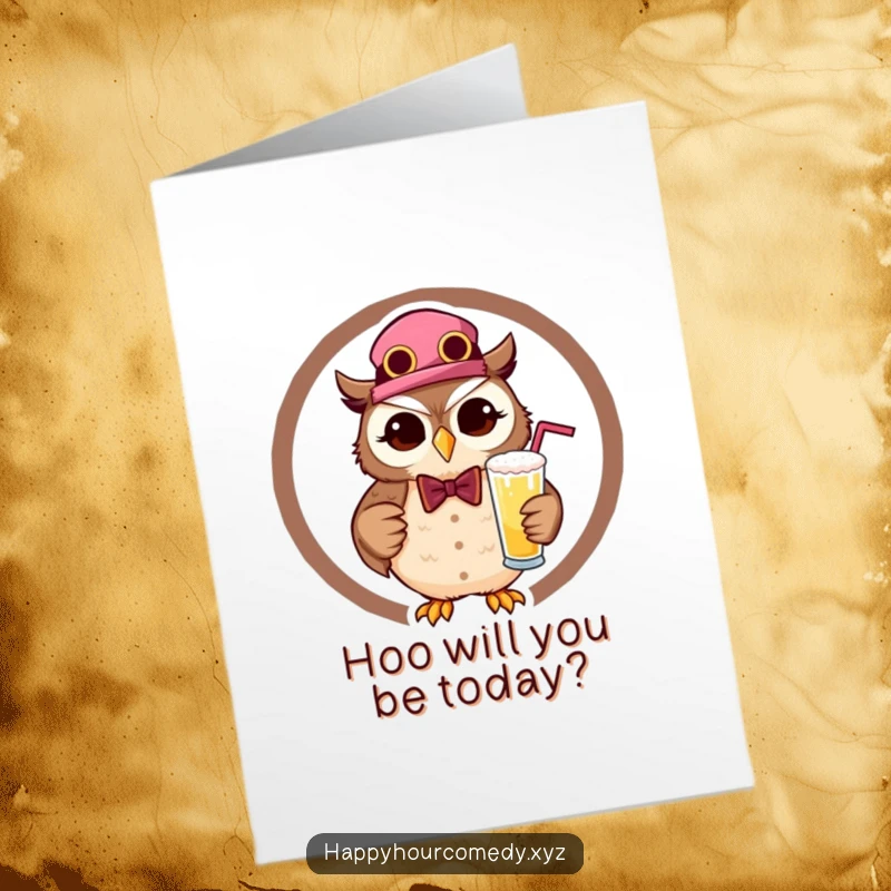 Funny Free Printable Birthday Card: Winking owl bartender in a tuxedo serves a frothy drink, ready to celebrate.