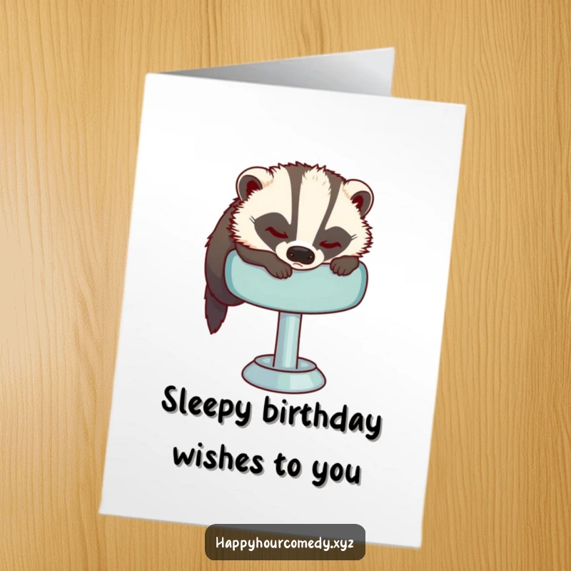 Funny Free Printable Birthday Card: A sleepy badger struggles to get comfy on a plush bar stool, perfect for birthday relaxation.