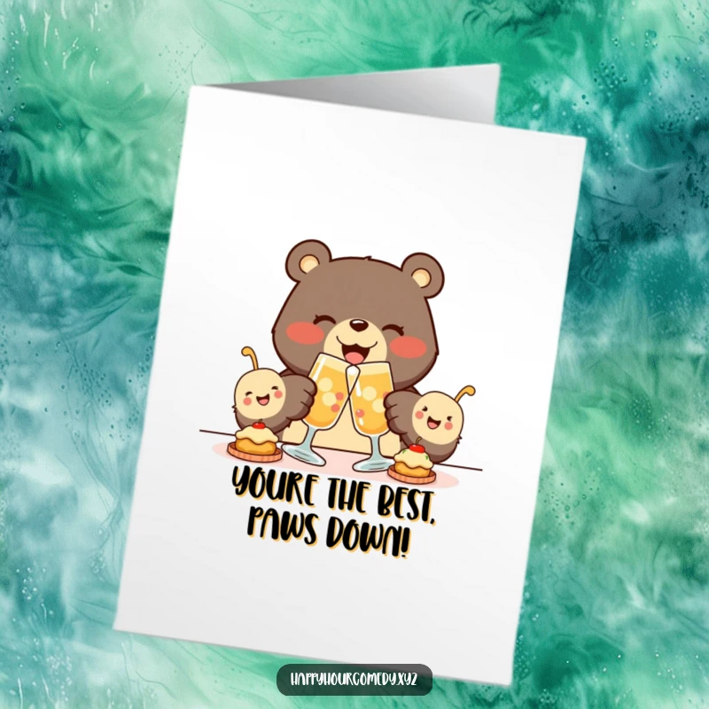 Free Printable Congratulations Card: A happy bear shares a toast with tiny, smiling appetizers, celebrating your fantastic news.