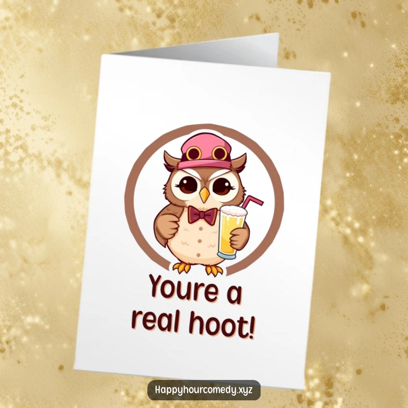 Free Printable Congratulations Card: A cheerful owl bartender winks while holding a bubbly drink, celebrating your win.