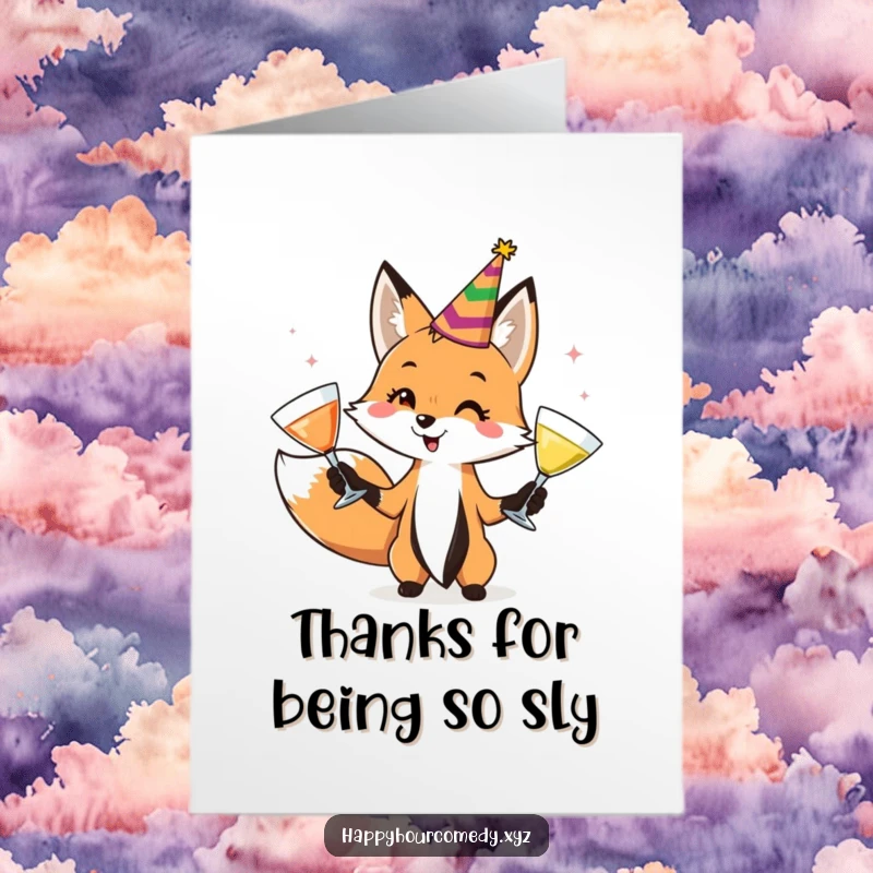 Free Printable Thank You Card: A playful fox in a party hat juggles drinks, offering a unique way to say thank you.