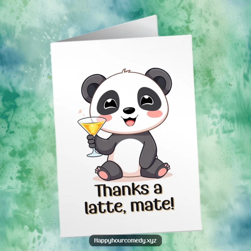 Funny Free Printable Panda Thank You Card: Adorable panda with a martini offers heartfelt thanks with a cheeky grin.