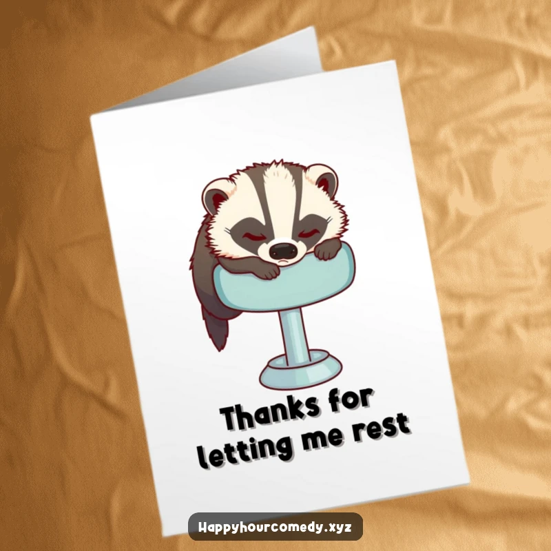 Free Printable Thank You Card: A sleepy badger attempts comfort on a bar stool, offering a unique and cozy thank you.