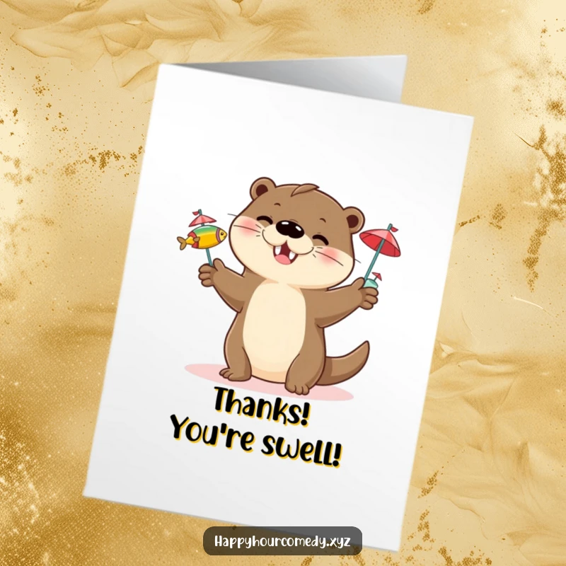 Funny Free Printable Otter Thank You Card: Happy otter juggling fish offers thanks with a playful, aquatic twist.