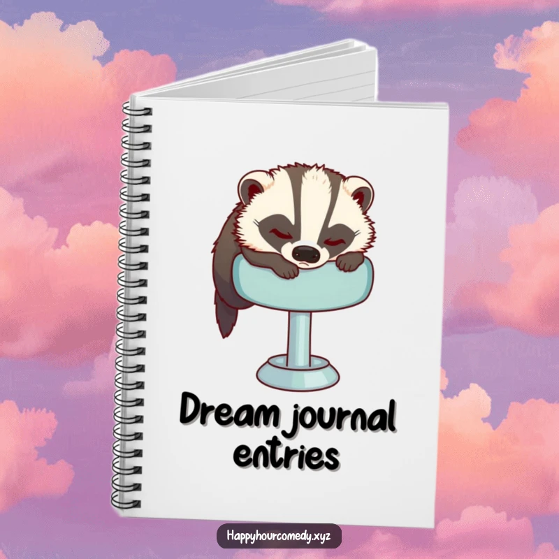 Funny Sleepy Badger Notebook shows a sleepy badger attempting to get comfortable on a plush bar stool, perfect for jotting down restful ideas.