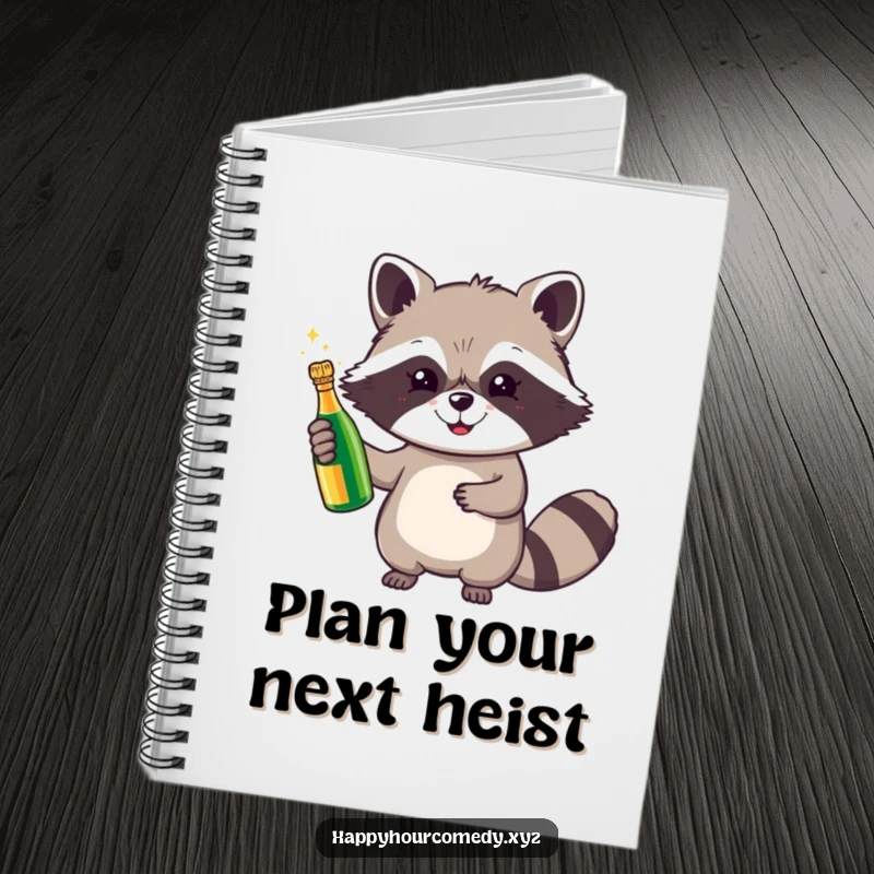 Funny Raccoon Champagne Notebook shows a cheerful raccoon holding a tiny, sparkling champagne bottle, perfect for noting down celebratory ideas.